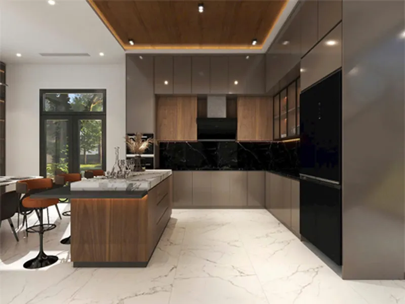 Tủ bếp gỗ nhựa acrylic màu cafe sữa phối vân gỗ nâu