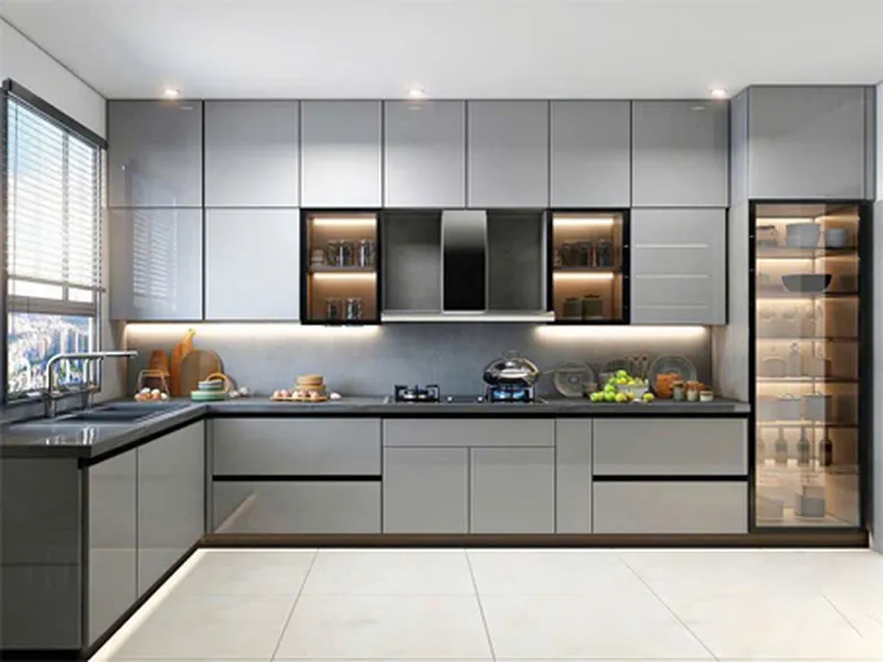 Tủ bếp gỗ nhựa phủ arcylic chữ L hiện đại