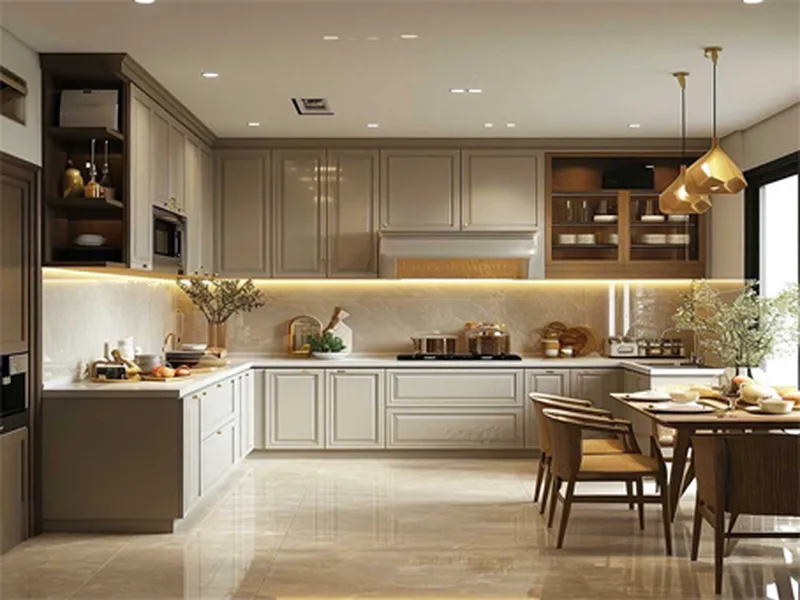 Tủ bếp gỗ nhựa tân cổ điển màu kem PM78