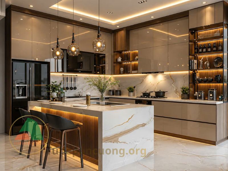 Tủ bếp Acrylic An Cường kết hợp đảo bếp