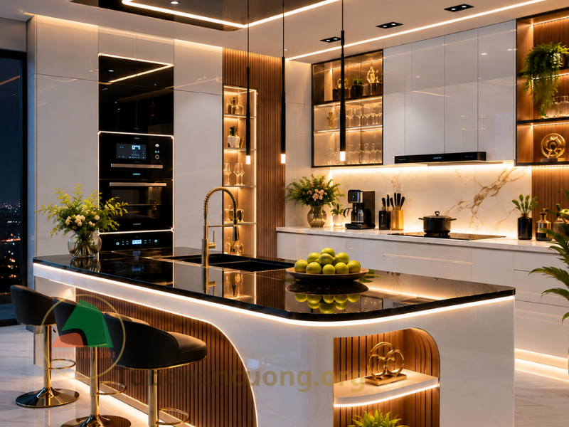 tủ bếp acrylic tráng gương
