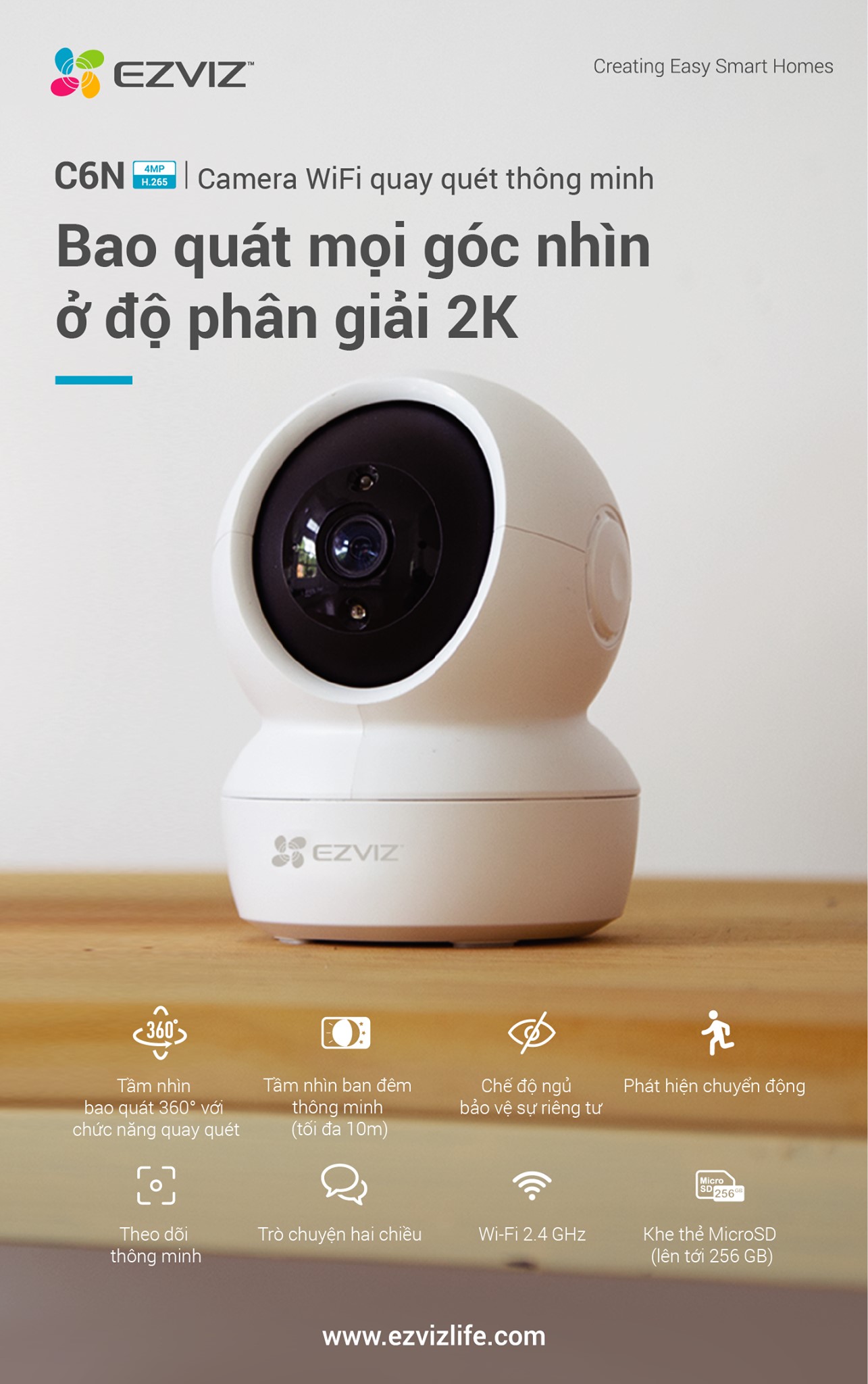 Camera EZVIZ C6N Chính hãng giá rẻ độ phân giảI 4MP quay quét toàn cảnh 360