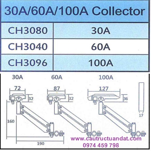 Thông số kích thước chổi tiếp điện cầu trục Thông số kích thước chổi tiếp điện cầu trục