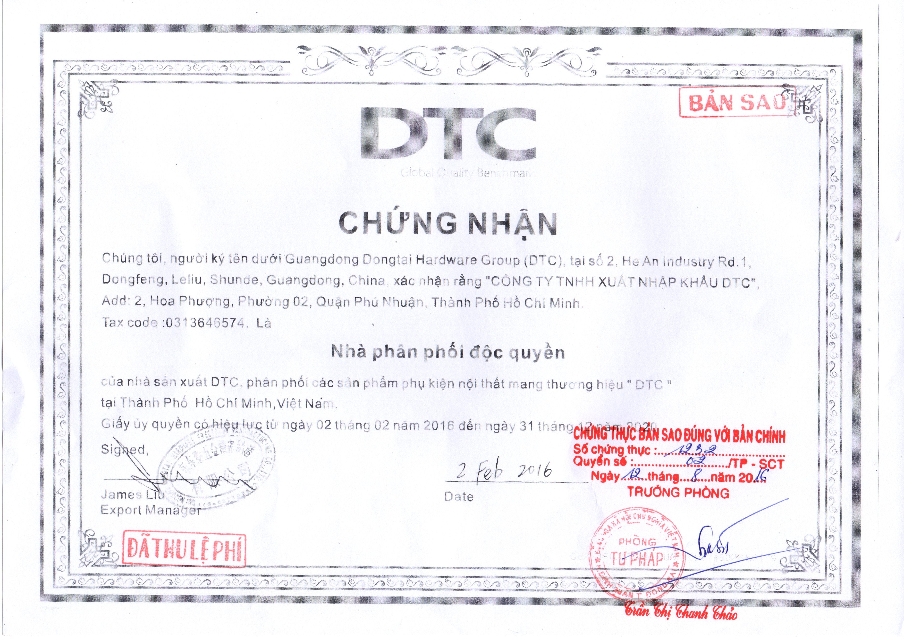 Giấy chứng nhận thương hiệu DTC - Nhà phân phối độc quyền tại VIệt Nam Giấy chứng nhận thương hiệu DTC - Nhà phân phối độc quyền tại VIệt Nam
