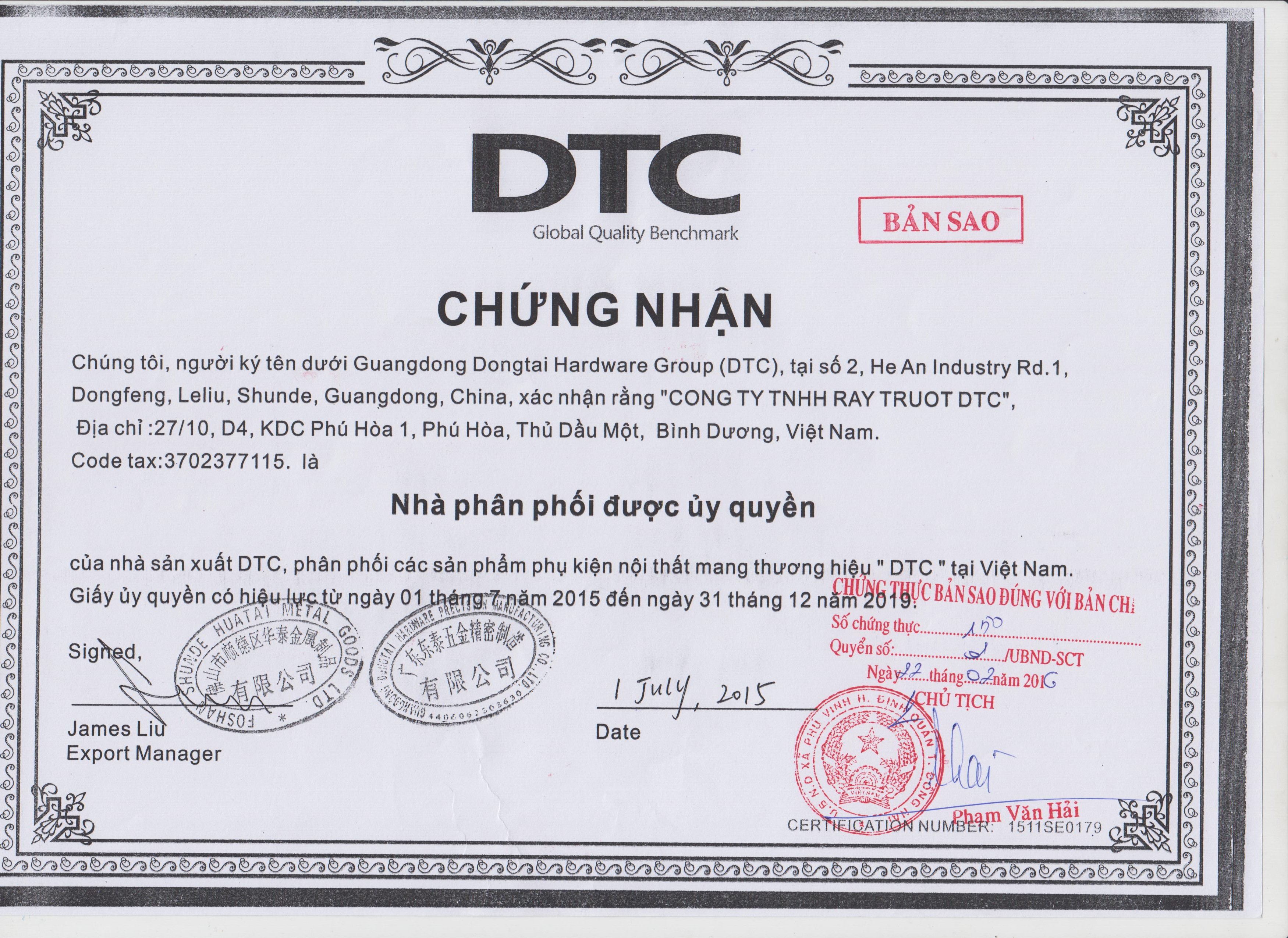 Giấy chứng nhận Nhà Phân Phối Độc Quyền Thương Hiệu DTC tại Việt Nam Giấy chứng nhận Nhà Phân Phối Độc Quyền Thương Hiệu DTC tại Việt Nam