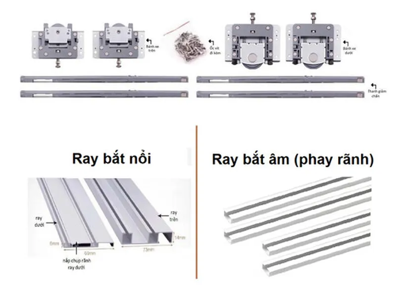 Phụ kiện ray trượt cửa lùa + Bánh xe