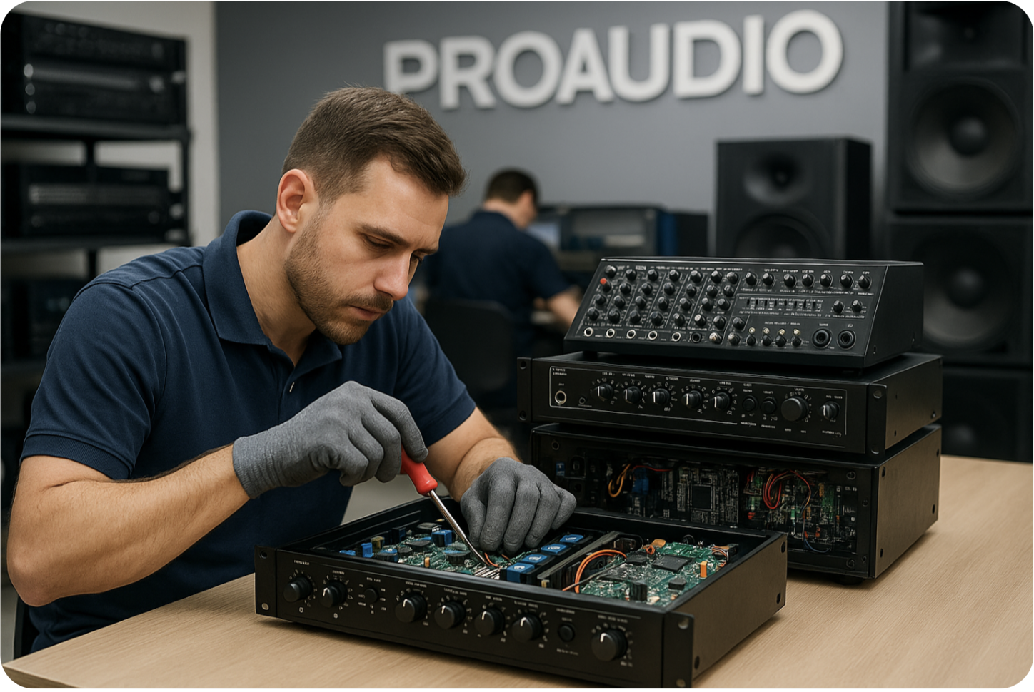 kỹ thuật viên đang sửa amply vang mixer tại trung tâm tphcm q3