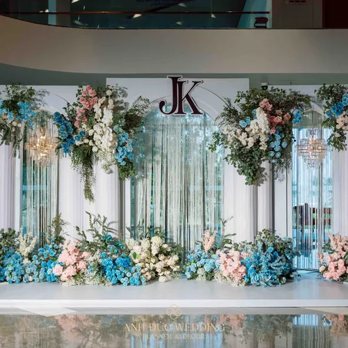 TRANG TRÍ TIỆC CƯỚI TONE XANH + HỒNG PASTEL