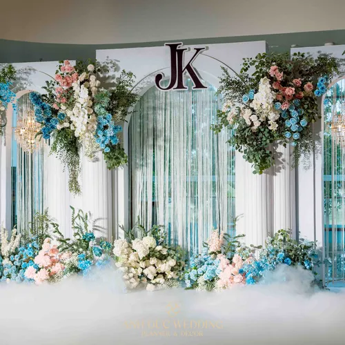 TRANG TRÍ TIỆC CƯỚI TONE XANH + HỒNG PASTEL