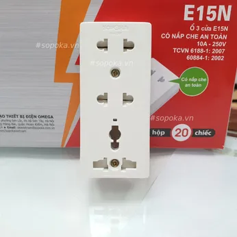 Ổ Cắm Điện 3 Lỗ Gắn Táp Lô Có Nắp Che E15N SOPOKA