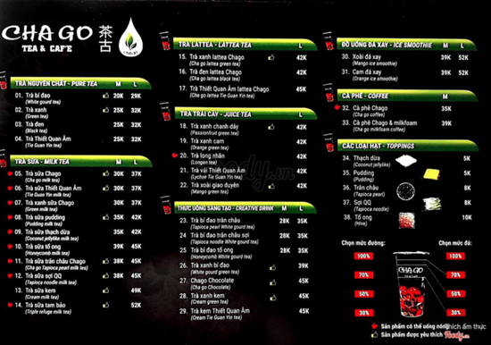Menu thương hiệu Chago Menu thương hiệu Chago