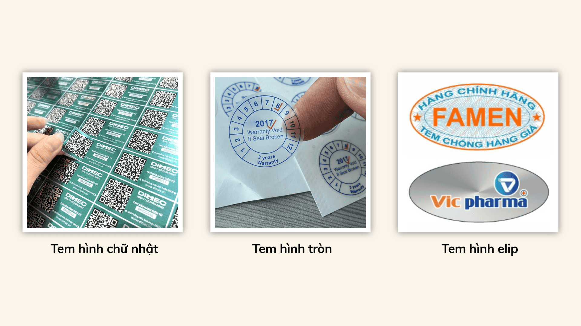 Kích thước và hình dáng phổ biến của tem bảo hành Kích thước và hình dáng phổ biến của tem bảo hành