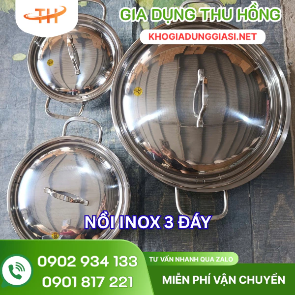 Nồi inox 3 đáy Nồi 3 đáy inox nấu ăn nhiều size