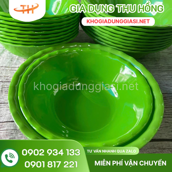 Tô melamine đủ size từ 15cm - 22cm Tô nhựa melamine xanh viền bèo size 15cm -- 22cm