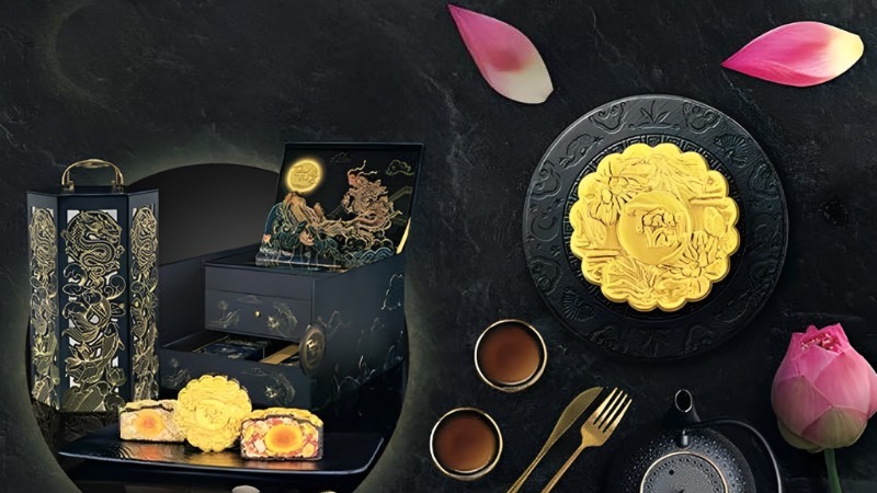 Họa tiết hình tròn được thiết kế cho bánh lẫn nhiều chi tiết trên hộp Kinh Đô