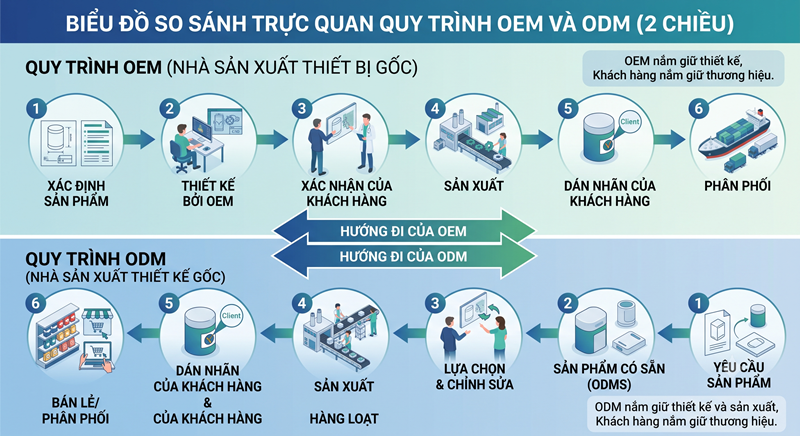 So sánh trực quan OEM và ODM bằng sơ đồ quy trình hai hướng. So sánh trực quan OEM và ODM bằng sơ đồ quy trình hai hướng.