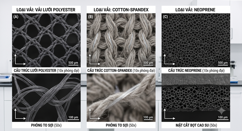 hình ảnh: So sánh 3 loại vải — vải lưới polyester, cotton-spandex, neoprene — phóng to cấu trúc sợi hình ảnh: So sánh 3 loại vải — vải lưới polyester, cotton-spandex, neoprene — phóng to cấu trúc sợi
