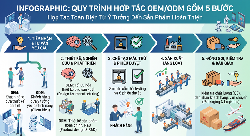 Infographic quy trình hợp tác OEM/ODM gồm 5 bước. Infographic quy trình hợp tác OEM/ODM gồm 5 bước.