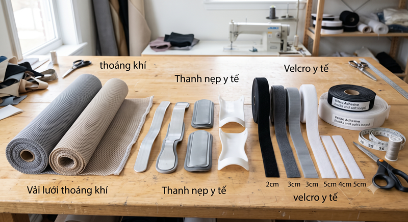 Các loại vật liệu sản xuất đai nẹp y tế được bày trên bàn — vải lưới, thanh nẹp, velcro y tế Các loại vật liệu sản xuất đai nẹp y tế được bày trên bàn — vải lưới, thanh nẹp, velcro y tế