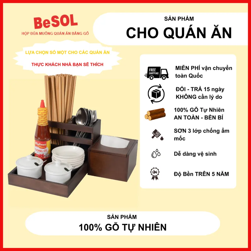Combo [Truyền Thống] [Màu Gỗ Óc Chó] Khay Đựng Gia Vị Muỗng Đũa và Hộp Đựng Giấy Ăn Gỗ BeSOL [CBTT1]