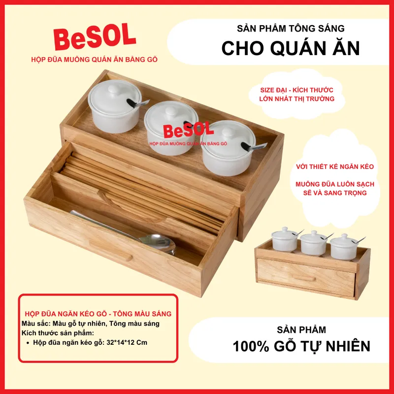 Hộp Đựng Đũa Muỗng Ngăn Kéo Có Nắp Đậy Bằng Gỗ BeSOL [HGK02]