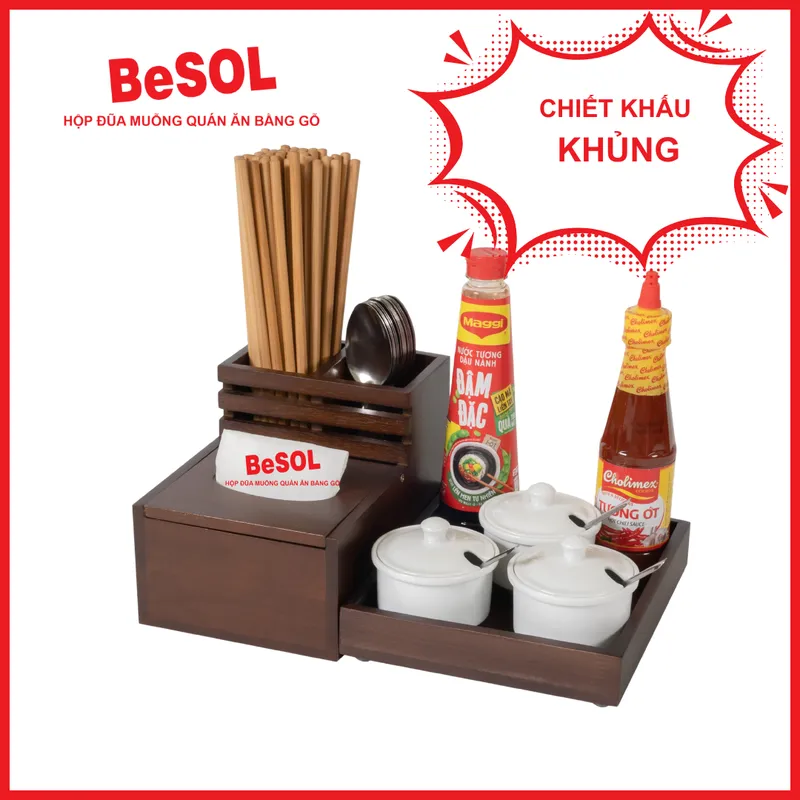 Combo [Tiết Kiệm] Hộp Đựng Giấy Ăn Đũa Thìa Khay Gia Vị Bằng Gỗ BeSOL [CBTK1]