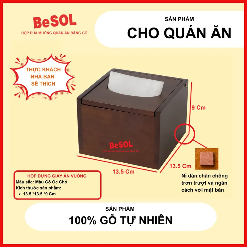 Combo [Sang Trọng] [Màu Gỗ Óc Chó] Hộp Đựng Đũa Muỗng Ngăn Kéo và Hộp giấy ăn Vuông Bằng Gỗ BeSOL [CBST1]