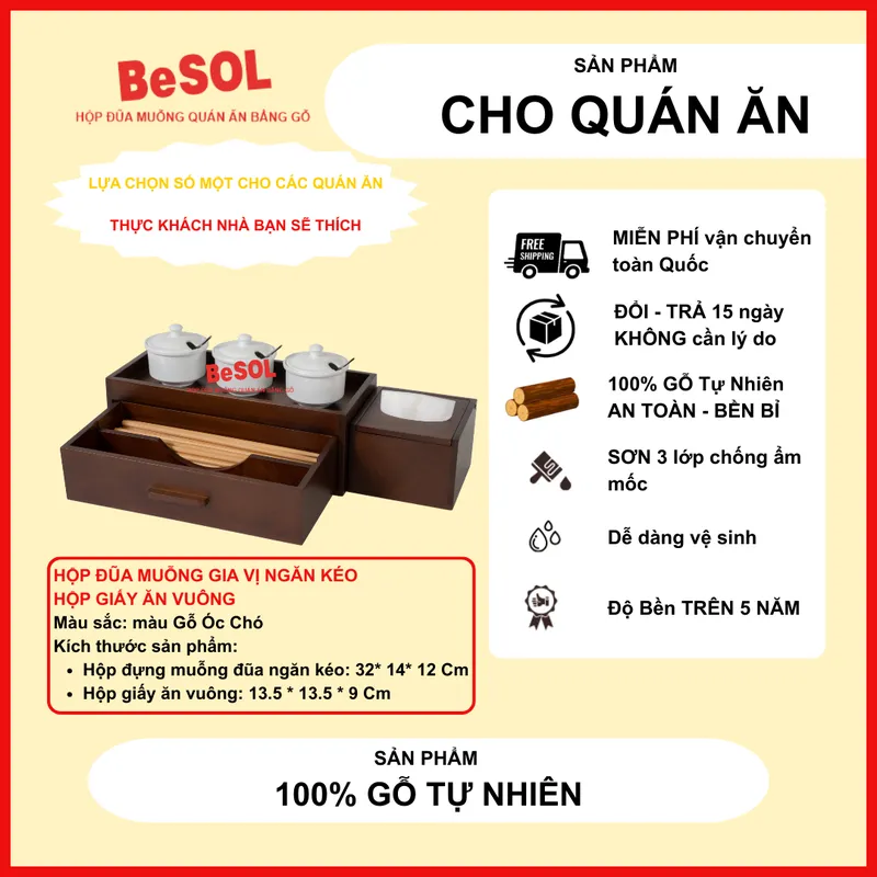 Combo [Sang Trọng] [Màu Gỗ Óc Chó] Hộp Đựng Đũa Muỗng Ngăn Kéo và Hộp giấy ăn Vuông Bằng Gỗ BeSOL [CBST1]