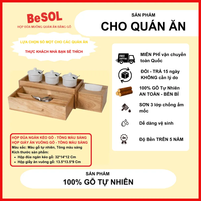 Combo [Sang Trọng] Hộp Đựng Đũa Muỗng Ngăn Kéo và Hộp giấy ăn Vuông Bằng Gỗ BeSOL [CBST2]