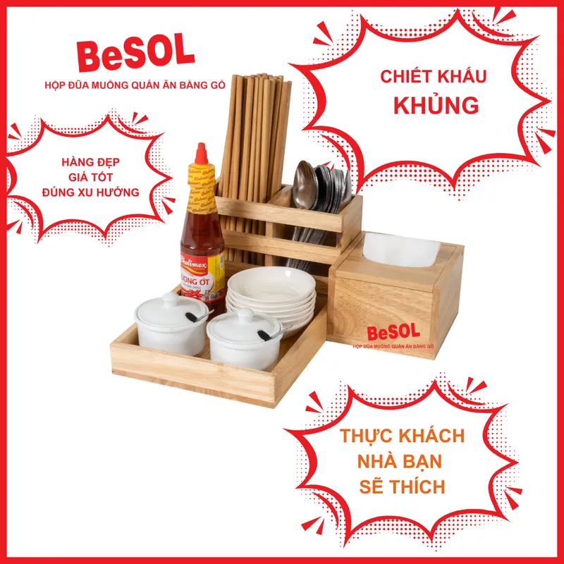 Combo [Truyền Thống] [Màu Gỗ Tự Nhiên] Khay Đựng Gia Vị Muỗng Đũa và Hộp Đựng Giấy Ăn Gỗ BeSOL [CBTT2]