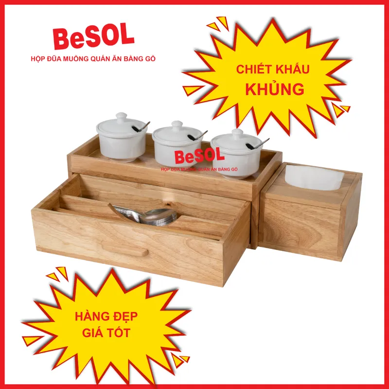 Combo [Sang Trọng] Hộp Đựng Đũa Muỗng Ngăn Kéo và Hộp giấy ăn Vuông Bằng Gỗ BeSOL [CBST2]