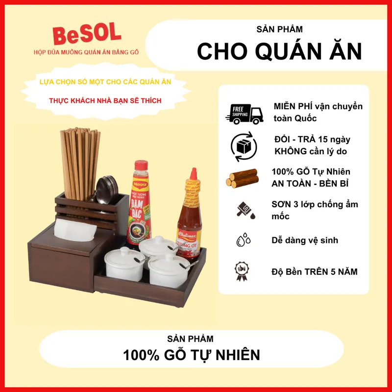 Combo [Tiết Kiệm] Hộp Đựng Giấy Ăn Đũa Thìa Khay Gia Vị Bằng Gỗ BeSOL [CBTK1]
