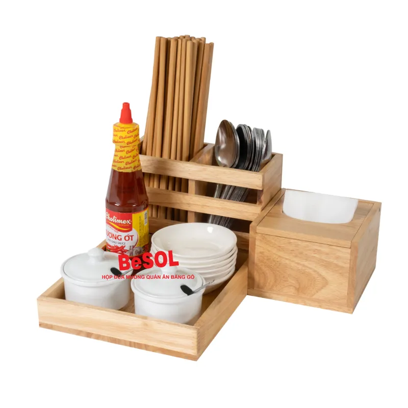 Combo [Truyền Thống] [Màu Gỗ Tự Nhiên] Khay Đựng Gia Vị Muỗng Đũa và Hộp Đựng Giấy Ăn Gỗ BeSOL [CBTT2]