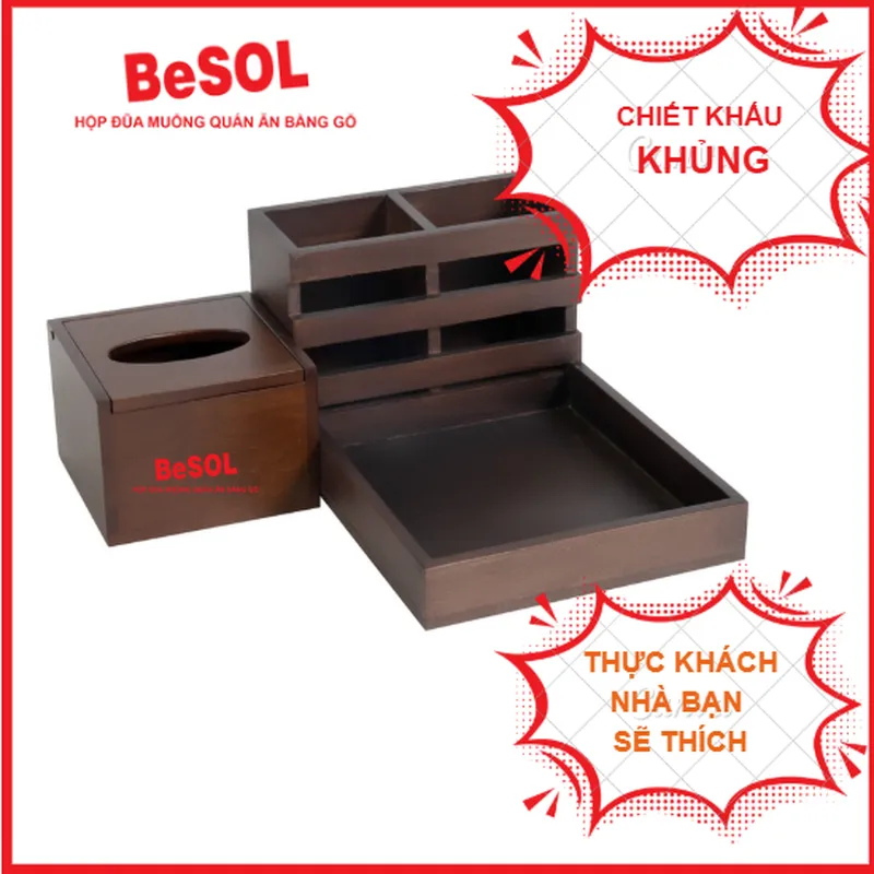 Combo [Truyền Thống] [Màu Gỗ Óc Chó] Khay Đựng Gia Vị Muỗng Đũa và Hộp Đựng Giấy Ăn Gỗ BeSOL [CBTT1]