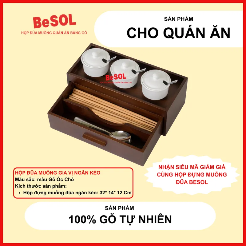 Hộp Đựng Đũa Muỗng Ngăn Kéo Có Nắp Đậy Bằng Gỗ BeSOL [HGK01]