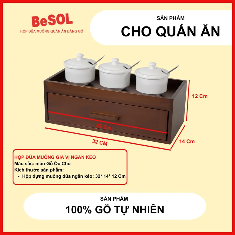 Combo [Sang Trọng] [Màu Gỗ Óc Chó] Hộp Đựng Đũa Muỗng Ngăn Kéo và Hộp giấy ăn Vuông Bằng Gỗ BeSOL [CBST1]