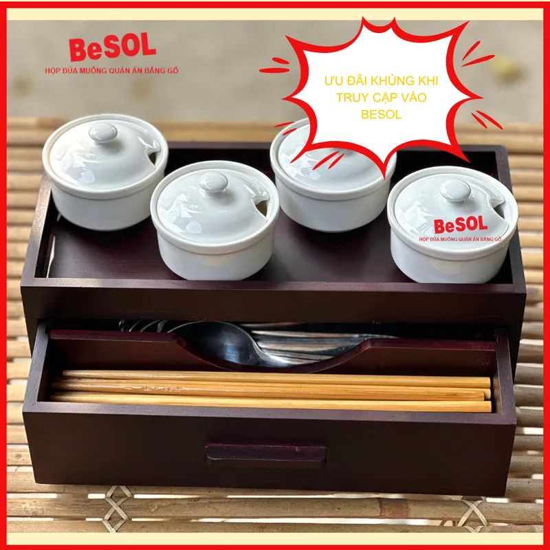 Combo [Sang Trọng] [Màu Gỗ Óc Chó] Hộp Đựng Đũa Muỗng Ngăn Kéo và Hộp giấy ăn Vuông Bằng Gỗ BeSOL [CBST1]