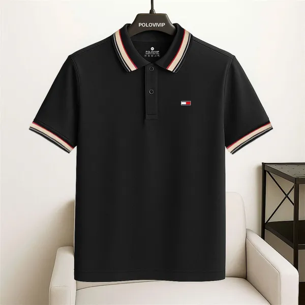 Áo Polo Nam Màu Đen Phối Viền Cổ Ba Màu Năng Động