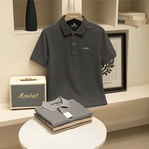 Áo Polo Nam Màu Xám Chì Logo BOSS Tối Giản