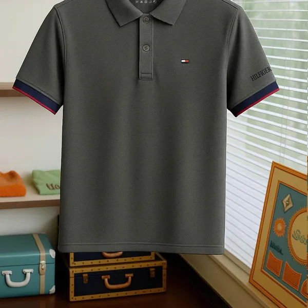 Áo Polo Nam Màu Xám Ghi Thêu Chữ Hilfiger Viền Tay