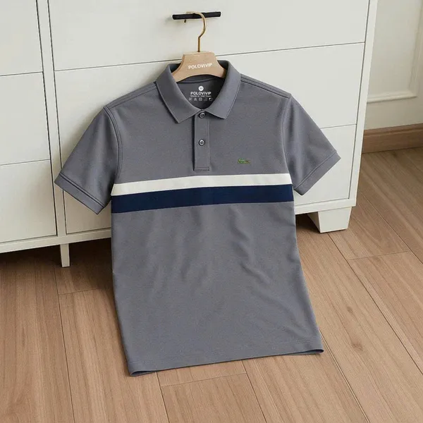 Áo Polo Nam Màu Xám Phối Sọc Ngang Ngực Logo Cá Sấu