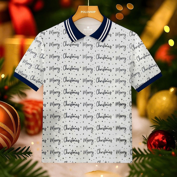 Áo Polo Nam Màu Trắng Họa Tiết Merry Christmas Giáng Sinh