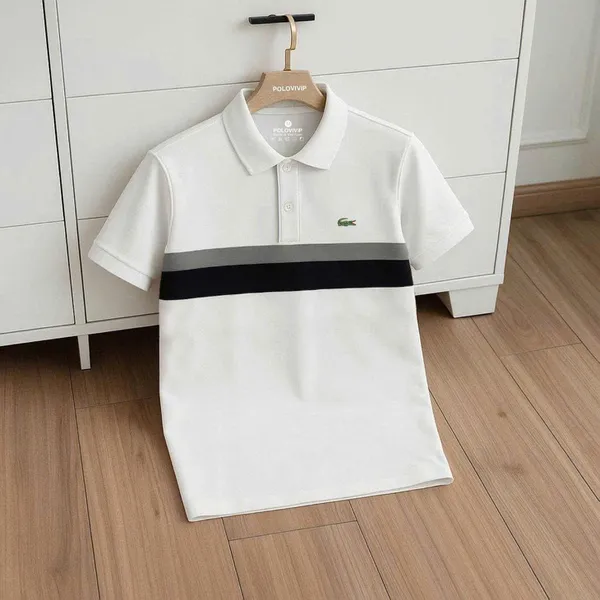 Áo Polo Nam Màu Trắng Phối Sọc Ngang Ngực Logo Cá Sấu