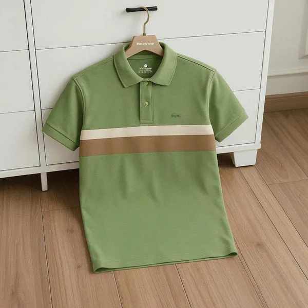 Áo Polo Nam Màu Xanh Bơ Phối Sọc Ngang Ngực Cá Sấu