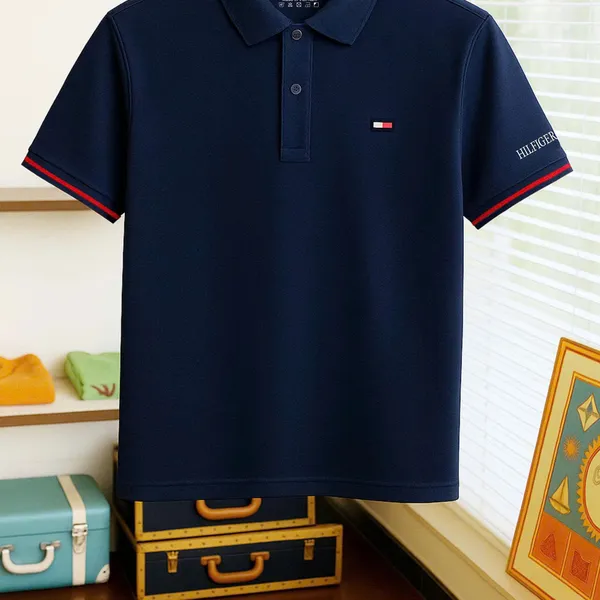 Áo Polo Nam Màu Xanh Navy Thêu Chữ Hilfiger Tay Áo