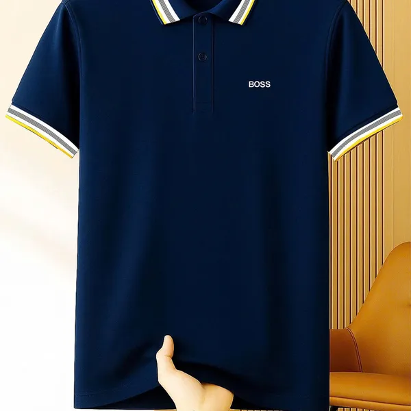 Áo Polo Nam Màu Xanh Than Bo Cổ Phối Viền Kẻ Vàng Logo BOSS