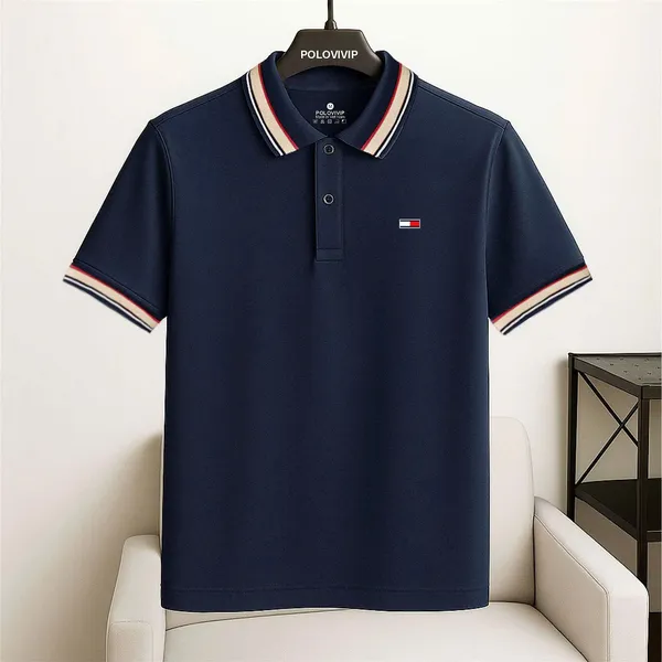 Áo Polo Nam Màu Xanh Than Cổ Phối Viền Kẻ Sọc Thời Trang