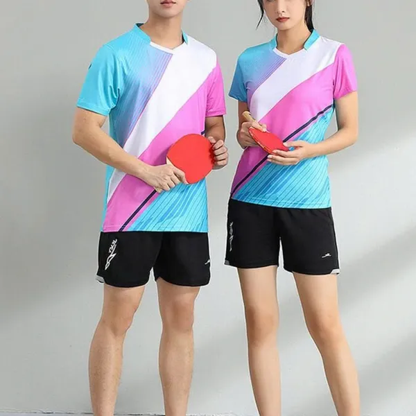 Bộ quần áo bóng bàn thiết kế sọc chéo xanh hồng