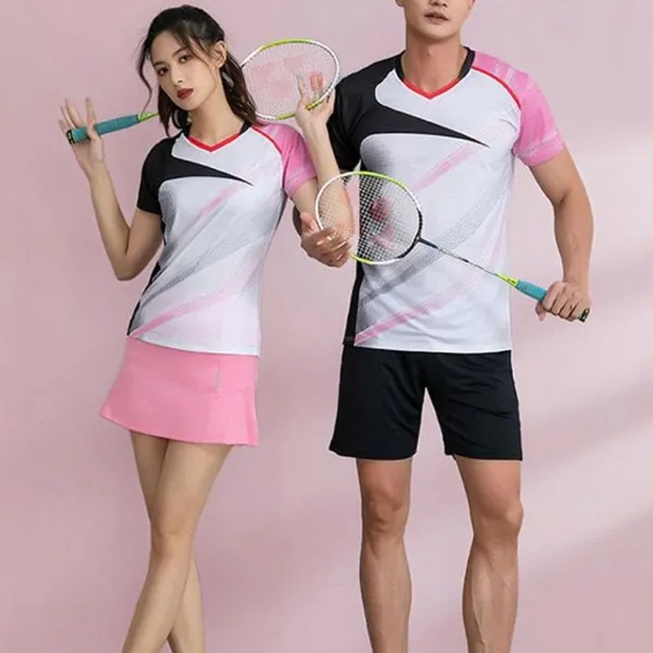 Bộ quần áo cầu lông nam nữ màu trắng phối hồng đen