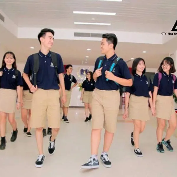 Bộ đồng phục học sinh Vinschool áo polo xanh đen phối quần be